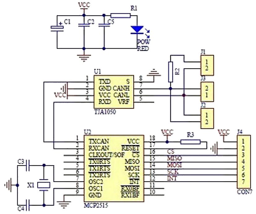 CAN bus SPI module met MCP2515 (TJA1050) schema alt